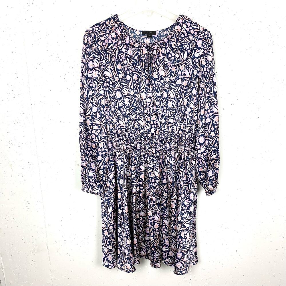 J.Crew V-Neck Mini Dress Floral Fields Navy Smocked Waist Ruffle Neck Medium
